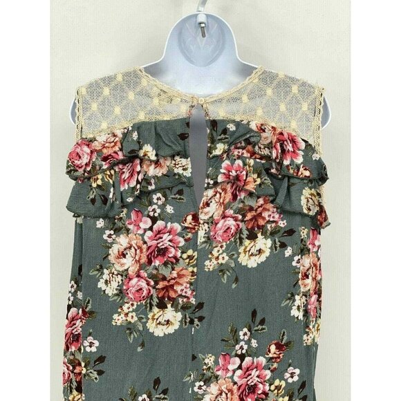 Umgee Tunic Top Womens Medium Green Floral Lace Ruffle Sleeveless - Picture 4 of 8